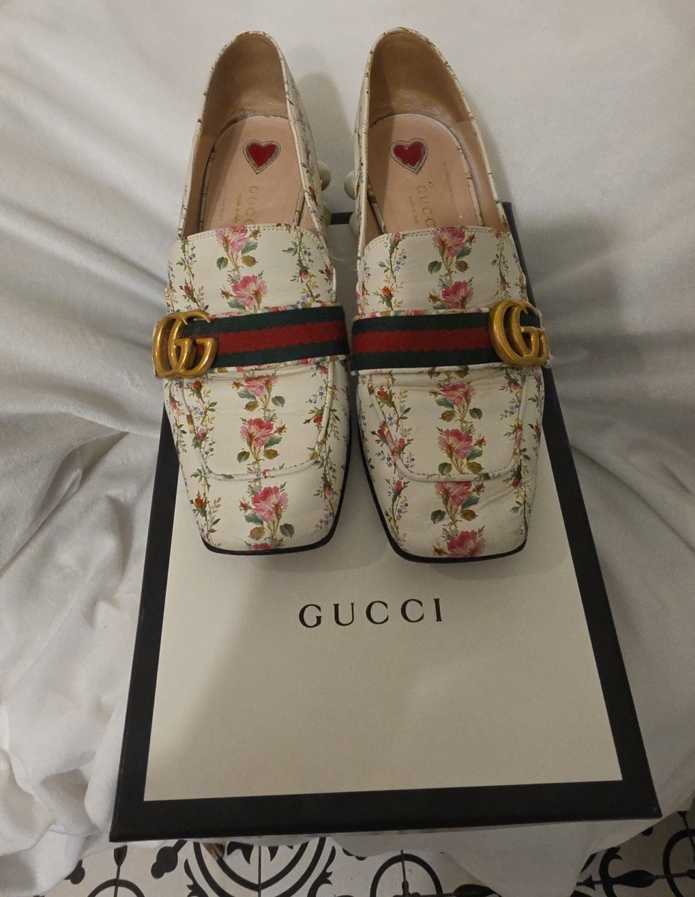 Gucci Floral Leather Loafers in Cream with Pink Flowers and Green-Red Web